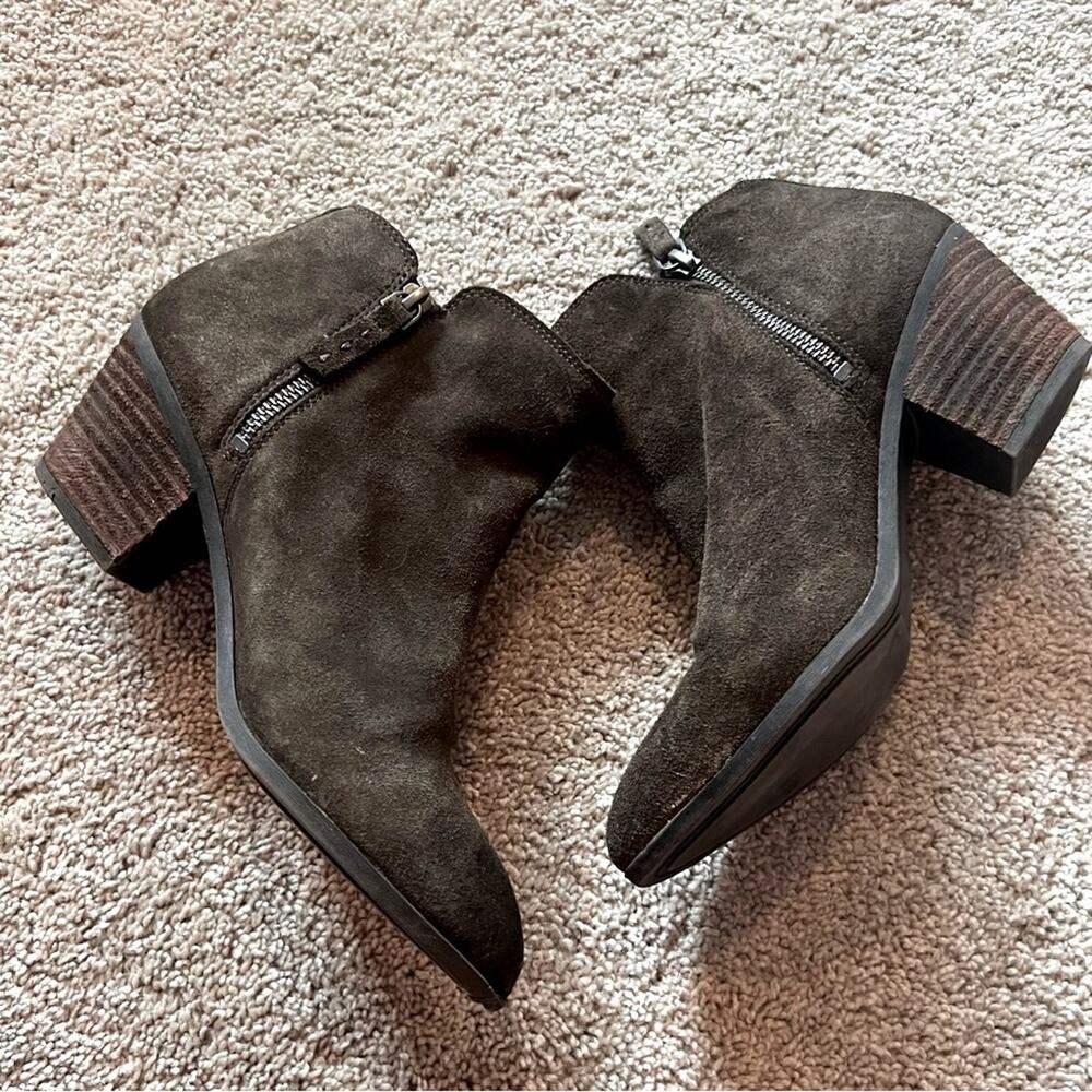 Frye & Co Brown Suede Zipper Ankle Boots Size 8 Style Holly Stacked Heel
